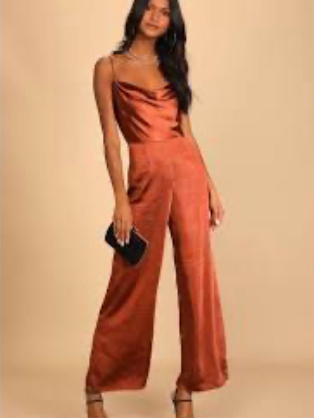 Satin Cowl-Neck Wide-Leg Jumpsuit in Rust